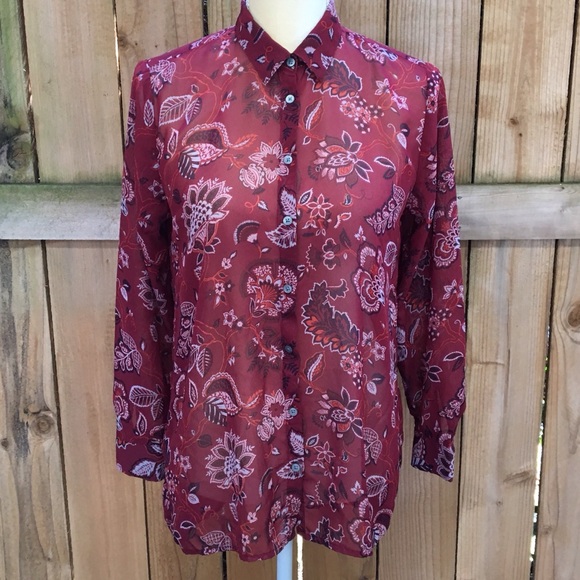 LOFT Tops - Loft Sheer Floral Button Down Burgendy Blouse EUC